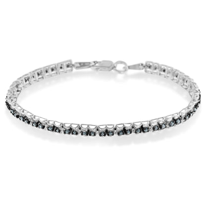 Pulsera de tenis de doble eslabón de 7" con diamantes talla rosa de 1,0 Cttw en plata de ley .925 con rodio negro (color azul, claridad I1-I2)