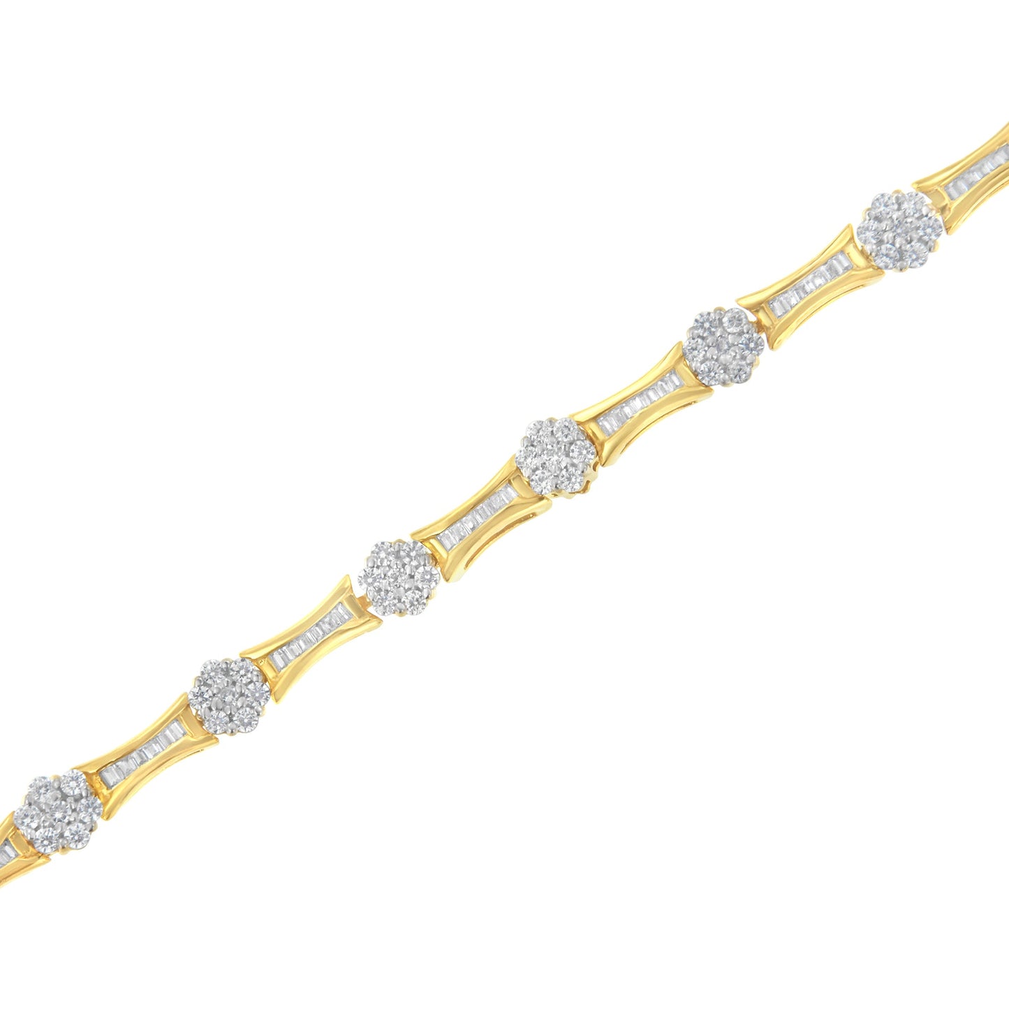 Pulsera de eslabones de diamantes de talla redonda y baguette de oro amarillo y blanco de 10 quilates con un peso total de 2.00 quilates (color I-J, claridad I2-I3) - Talla 7.25"