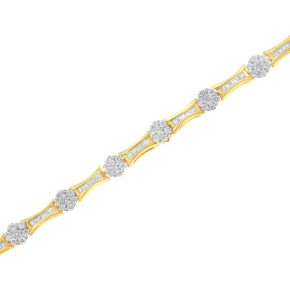 Pulsera de eslabones de diamantes de talla redonda y baguette de oro amarillo y blanco de 10 quilates con un peso total de 2.00 quilates (color I-J, claridad I2-I3) - Talla 7.25"