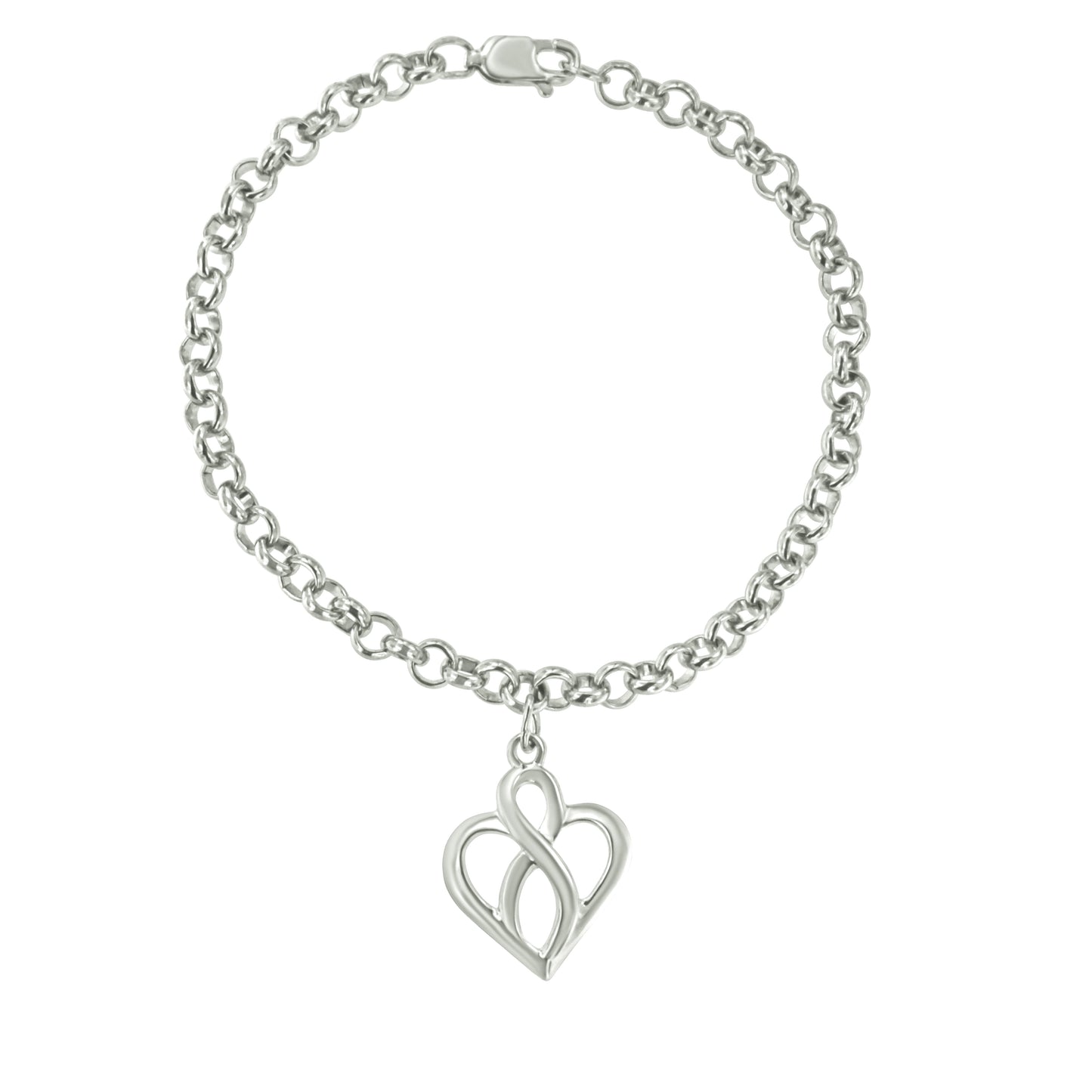 Pulsera con dije de cadena de plata esterlina .925 con corazón abierto e infinito vertical central - Talla 7"