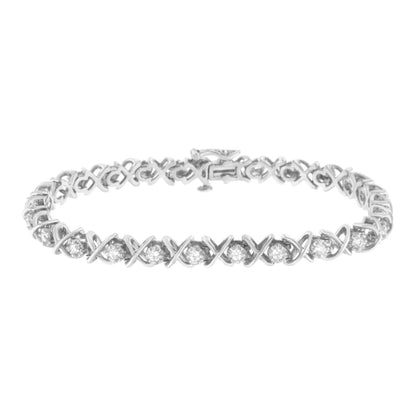 Pulsera de plata esterlina .925 con "X" de diamantes redondos de talla brillante de 1 quilate (claridad I-J, color I2-I3) - Talla 7"