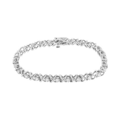 Pulsera de plata esterlina .925 con "X" de diamantes redondos de talla brillante de 1 quilate (claridad I-J, color I2-I3) - Talla 7"