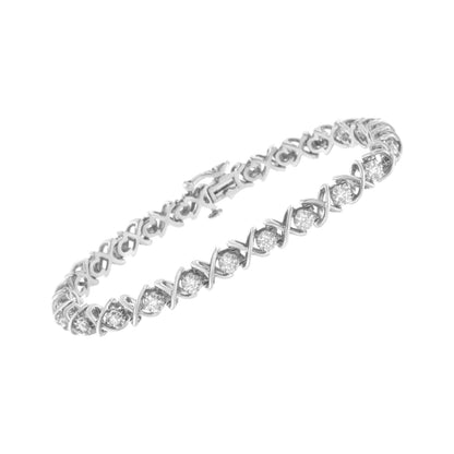 Pulsera de plata esterlina .925 con "X" de diamantes redondos de talla brillante de 1 quilate (claridad I-J, color I2-I3) - Talla 7"
