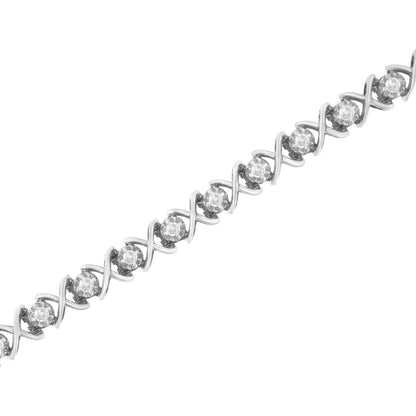Pulsera de plata esterlina .925 con "X" de diamantes redondos de talla brillante de 1 quilate (claridad I-J, color I2-I3) - Talla 7"