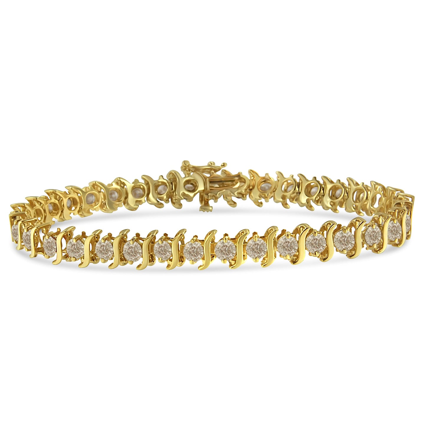 Pulsera de eslabones en "S" con diamantes redondos de talla brillante de 7,0 quilates engastados en 2 puntas, en plata de ley 925 chapada en oro amarillo de 10K (color J-K, claridad I1-I2) - 7"