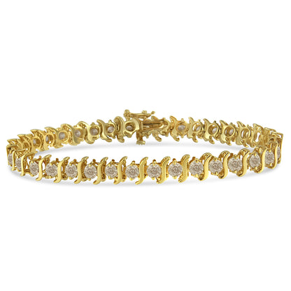 Pulsera de eslabones en "S" con diamantes redondos de talla brillante de 7,0 quilates engastados en 2 puntas, en plata de ley 925 chapada en oro amarillo de 10K (color J-K, claridad I1-I2) - 7"