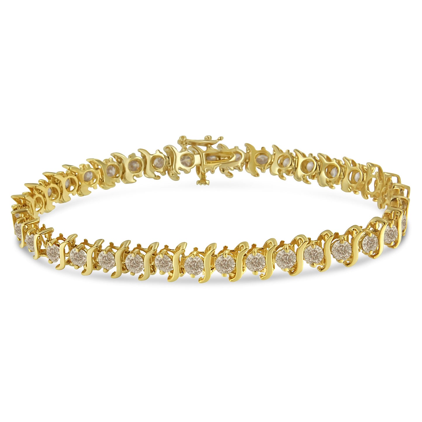 Pulsera de eslabones en "S" con diamantes redondos de talla brillante de 7,0 quilates engastados en 2 puntas, en plata de ley 925 chapada en oro amarillo de 10K (color J-K, claridad I1-I2) - 7"