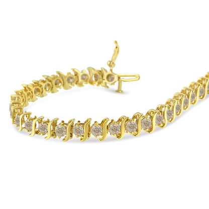 Pulsera de eslabones en "S" con diamantes redondos de talla brillante de 7,0 quilates engastados en 2 puntas, en plata de ley 925 chapada en oro amarillo de 10K (color J-K, claridad I1-I2) - 7"