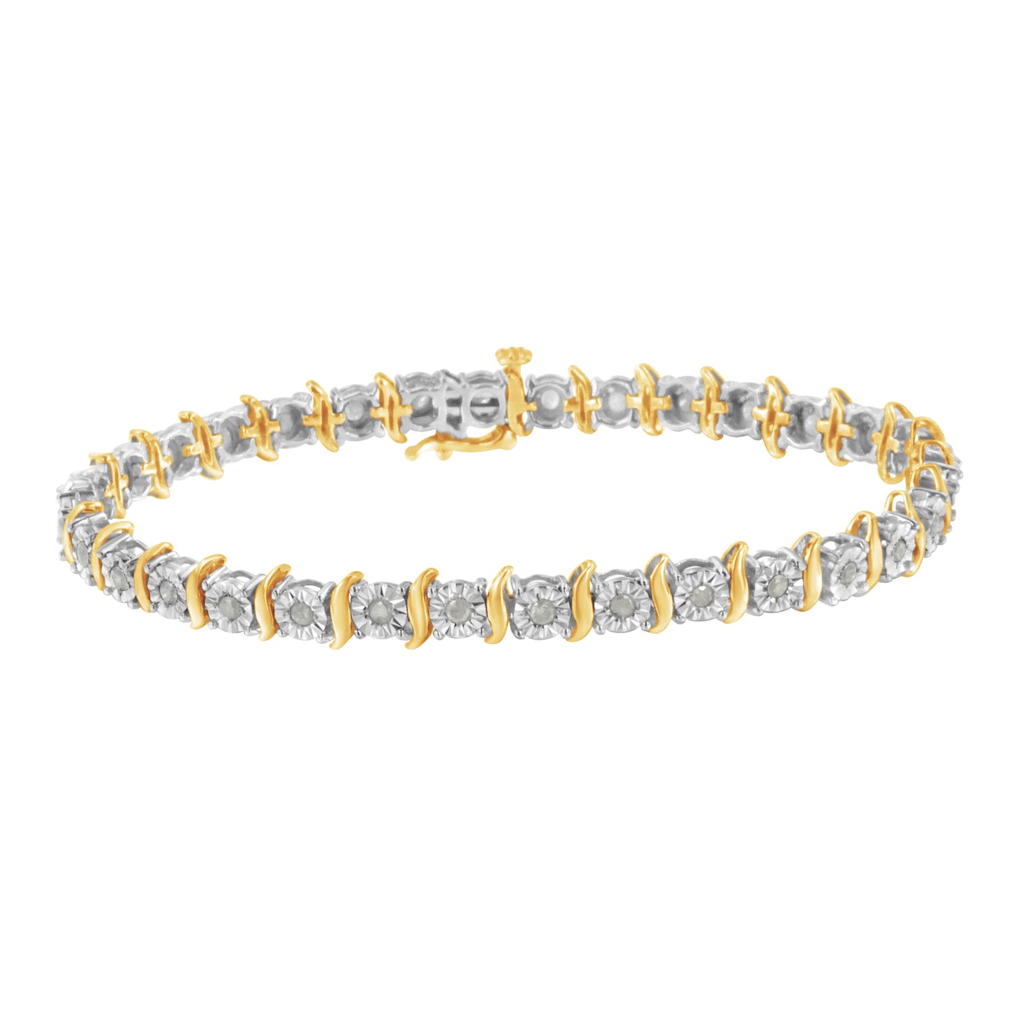 Pulsera de tenis con eslabones curvados en S con efecto milagroso de diamantes de 1,0 quilates (color I-J, claridad I3) en oro amarillo de 10 quilates y plata de ley .925 de dos tonos - 7"