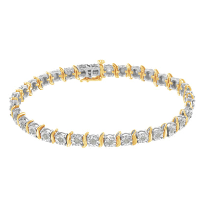 Pulsera de tenis con eslabones curvados en S con efecto milagroso de diamantes de 1,0 quilates (color I-J, claridad I3) en oro amarillo de 10 quilates y plata de ley .925 de dos tonos - 7"