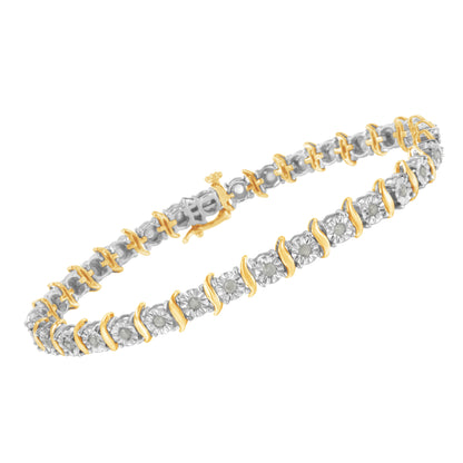 Pulsera de tenis con eslabones curvados en S con efecto milagroso de diamantes de 1,0 quilates (color I-J, claridad I3) en oro amarillo de 10 quilates y plata de ley .925 de dos tonos - 7"