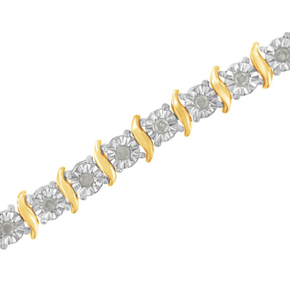 Pulsera de tenis con eslabones curvados en S con efecto milagroso de diamantes de 1,0 quilates (color I-J, claridad I3) en oro amarillo de 10 quilates y plata de ley .925 de dos tonos - 7"