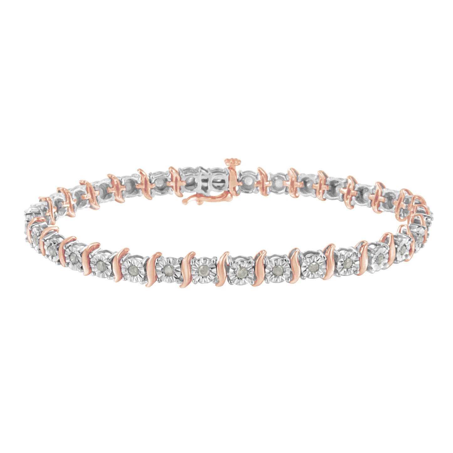 Pulsera de tenis con eslabones curvados en S con efecto milagroso de diamantes de 1,0 quilates (color I-J, claridad I3) en oro amarillo de 10 quilates y plata de ley .925 de dos tonos - 7"