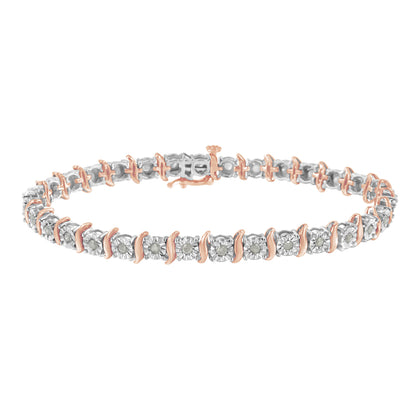 Pulsera de tenis con eslabones curvados en S con efecto milagroso de diamantes de 1,0 quilates (color I-J, claridad I3) en oro amarillo de 10 quilates y plata de ley .925 de dos tonos - 7"