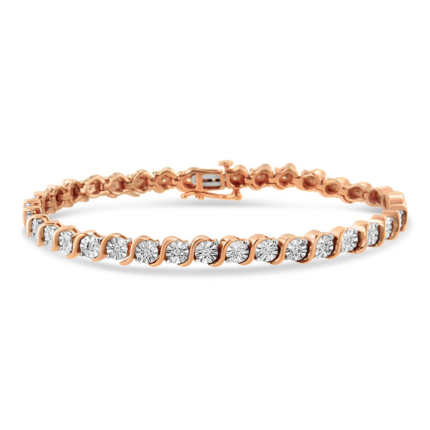 Pulsera de tenis de oro rosa de 14 quilates con baño de plata de ley .925 y diamante de 1/4 qt engastado en placa de ilusión con eslabones en "S" (color I-J, claridad I2-I3) - 7"