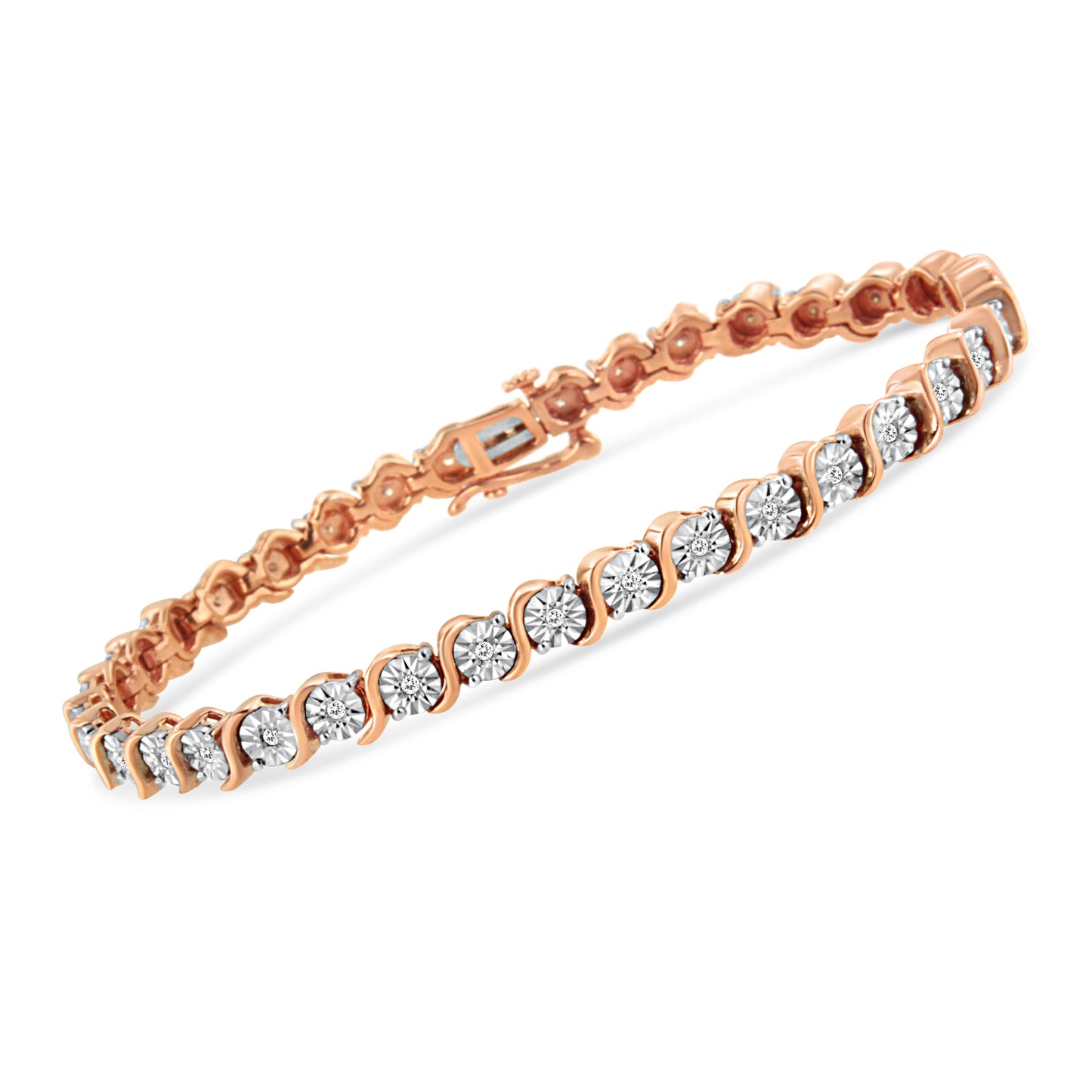 Pulsera de tenis de oro rosa de 14 quilates con baño de plata de ley .925 y diamante de 1/4 qt engastado en placa de ilusión con eslabones en "S" (color I-J, claridad I2-I3) - 7"