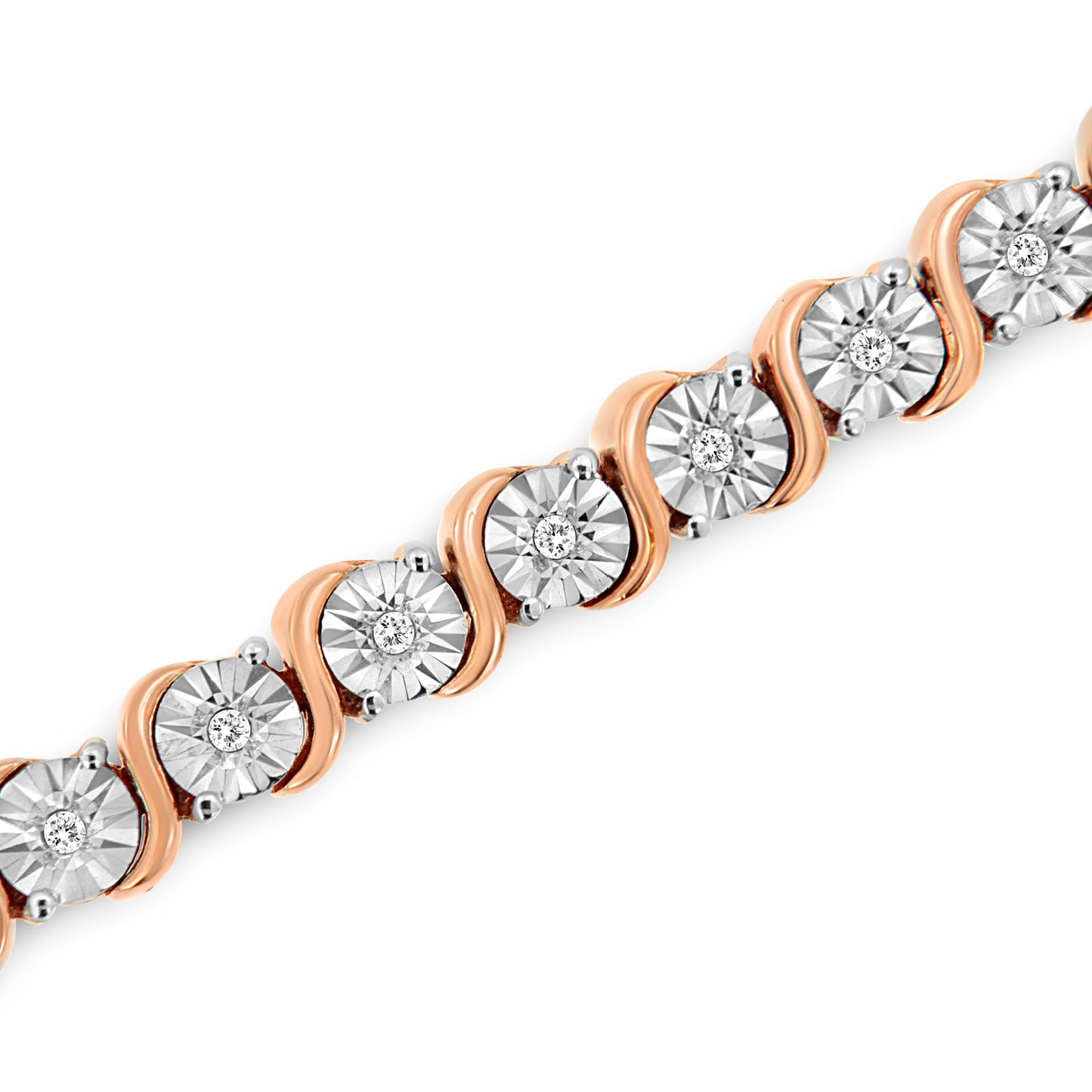 Pulsera de tenis de oro rosa de 14 quilates con baño de plata de ley .925 y diamante de 1/4 qt engastado en placa de ilusión con eslabones en "S" (color I-J, claridad I2-I3) - 7"