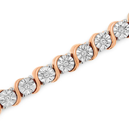 Pulsera de tenis de oro rosa de 14 quilates con baño de plata de ley .925 y diamante de 1/4 qt engastado en placa de ilusión con eslabones en "S" (color I-J, claridad I2-I3) - 7"