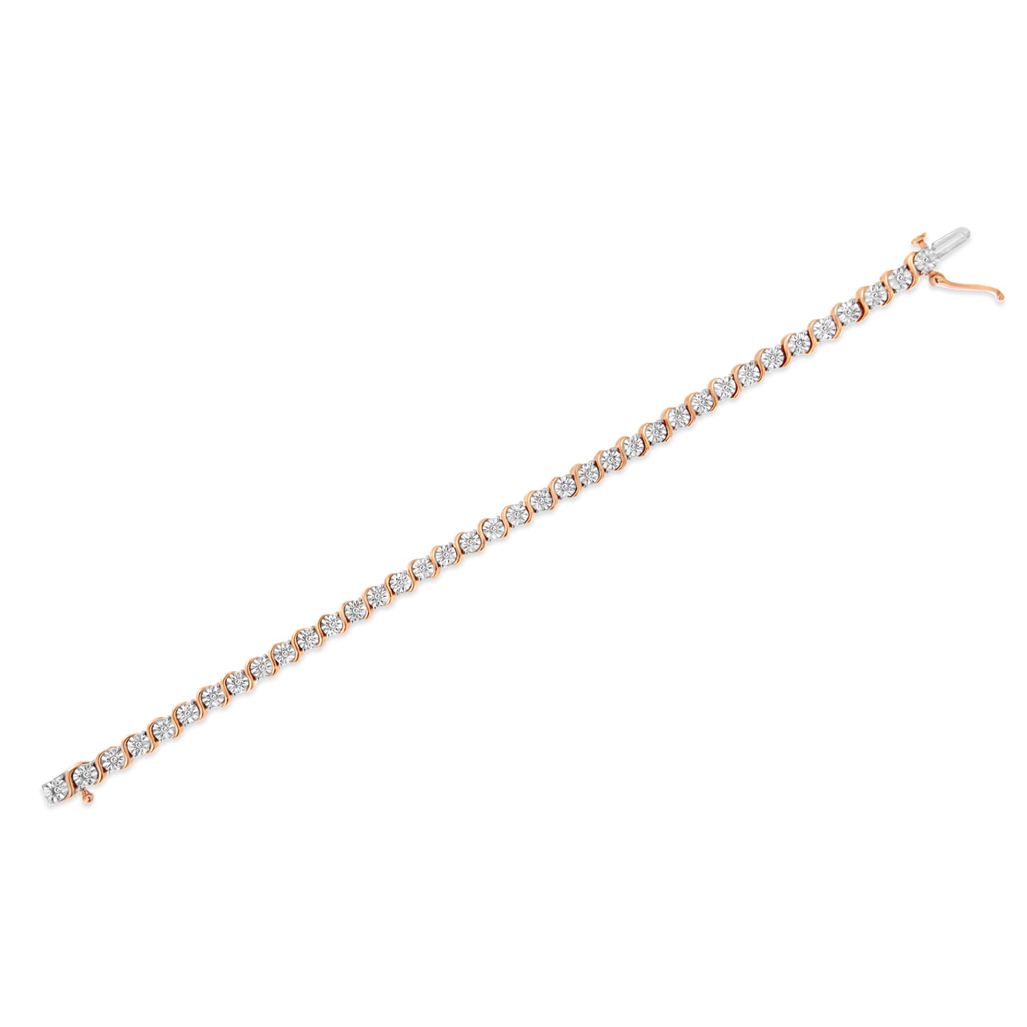 Pulsera de tenis de oro rosa de 14 quilates con baño de plata de ley .925 y diamante de 1/4 qt engastado en placa de ilusión con eslabones en "S" (color I-J, claridad I2-I3) - 7"