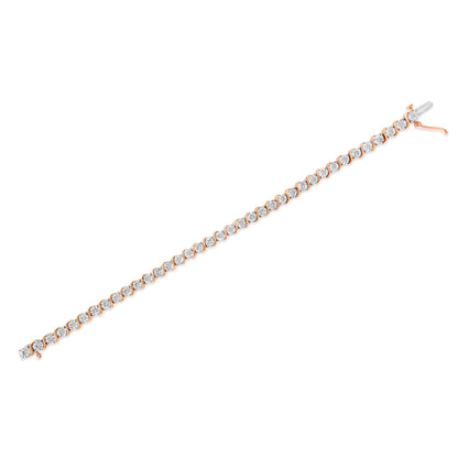 Pulsera de tenis de oro rosa de 14 quilates con baño de plata de ley .925 y diamante de 1/4 qt engastado en placa de ilusión con eslabones en "S" (color I-J, claridad I2-I3) - 7"