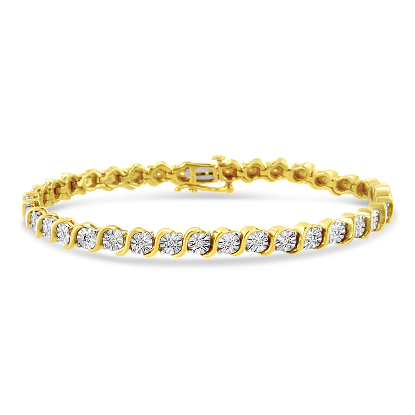 Pulsera de tenis de oro rosa de 14 quilates con baño de plata de ley .925 y diamante de 1/4 qt engastado en placa de ilusión con eslabones en "S" (color I-J, claridad I2-I3) - 7"