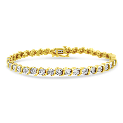 Pulsera de tenis de oro rosa de 14 quilates con baño de plata de ley .925 y diamante de 1/4 qt engastado en placa de ilusión con eslabones en "S" (color I-J, claridad I2-I3) - 7"