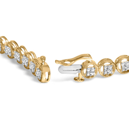 Pulsera de tenis con eslabones de rueda de círculo abierto con cuentas de plata de ley .925 bañada en oro amarillo de 14 quilates y diamantes de 1/10 quilates (color I-J, claridad I3) - 7.25"