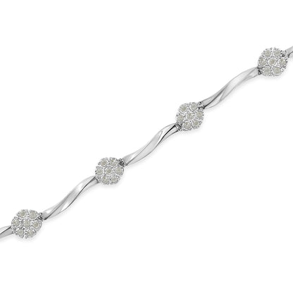 Pulsera de tenis de plata esterlina .925 con diseño de estación de diamantes en racimo de 1,0 Cttw con engaste milagroso y barra trenzada de 17,78 cm (color H-I, claridad I1-I2)