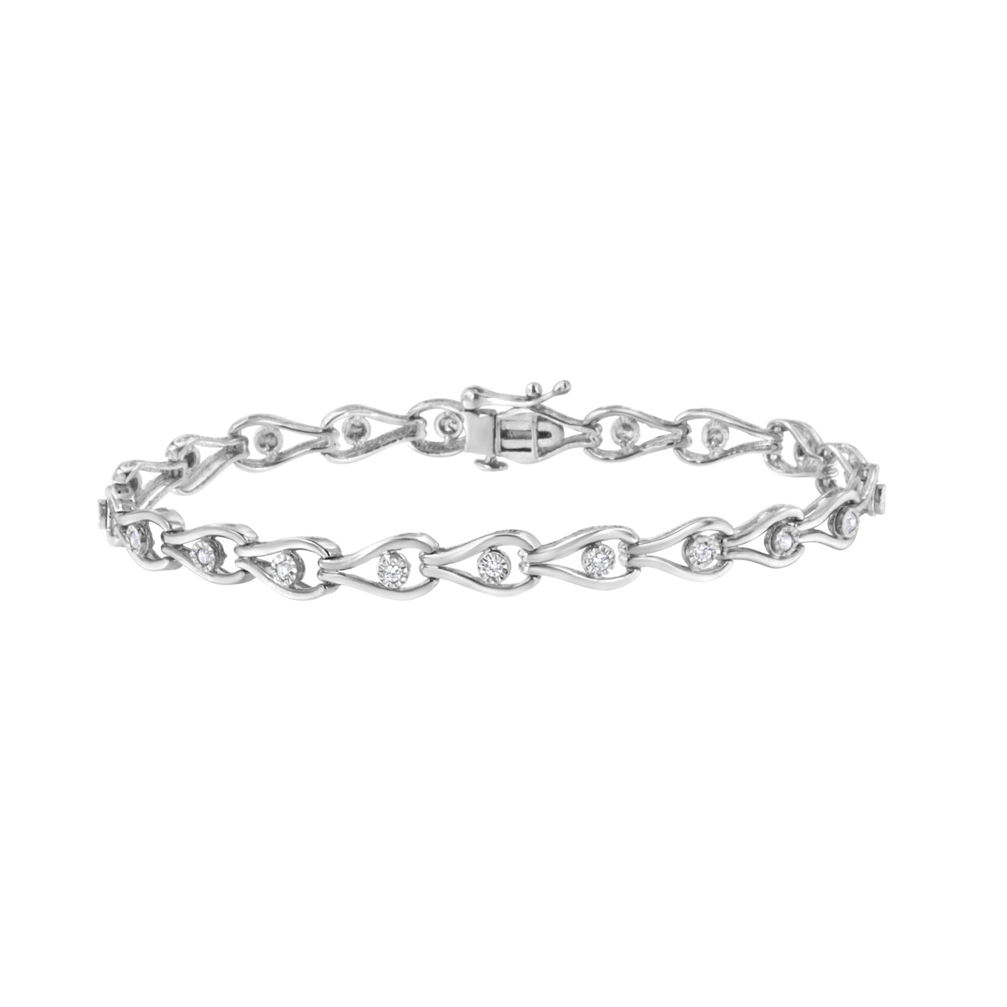 Pulsera de eslabones con forma de pera y bisel de plata de ley .925 con diamantes de 1/10 Cttw engarzados en milagro (color I-J, claridad I3) - 7.25"