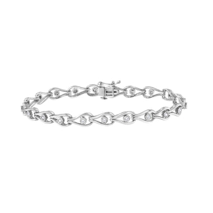 Pulsera de eslabones con forma de pera y bisel de plata de ley .925 con diamantes de 1/10 Cttw engarzados en milagro (color I-J, claridad I3) - 7.25"