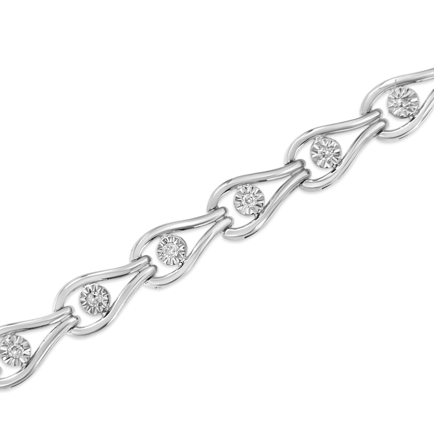 Pulsera de eslabones con forma de pera y bisel de plata de ley .925 con diamantes de 1/10 Cttw engarzados en milagro (color I-J, claridad I3) - 7.25"