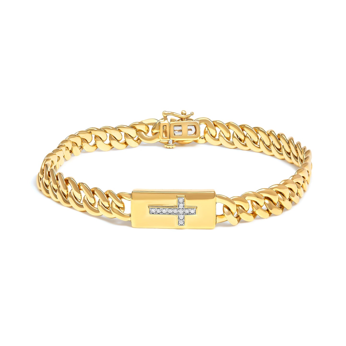 Pulsera de eslabones cubanos con cruz incrustada y acento de diamante en plata de ley .925 bañada en oro amarillo de 14 quilates (color I-J, claridad I3) - 7.25"