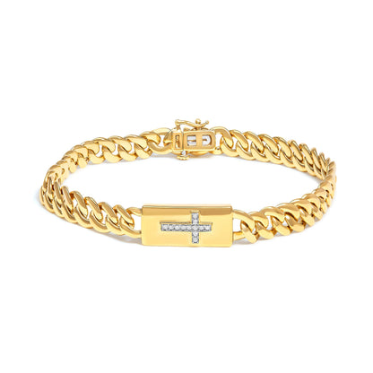 Pulsera de eslabones cubanos con cruz incrustada y acento de diamante en plata de ley .925 bañada en oro amarillo de 14 quilates (color I-J, claridad I3) - 7.25"