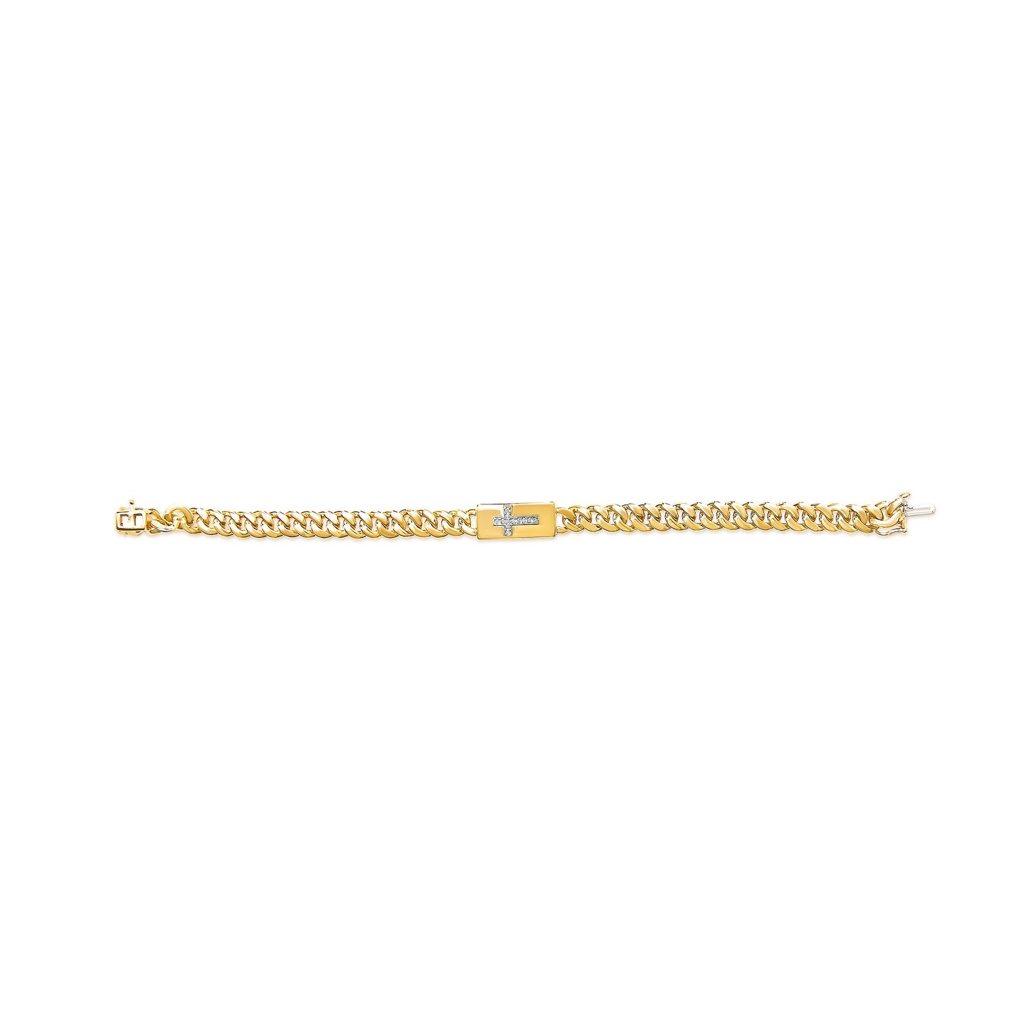 Pulsera de eslabones cubanos con cruz incrustada y acento de diamante en plata de ley .925 bañada en oro amarillo de 14 quilates (color I-J, claridad I3) - 7.25"