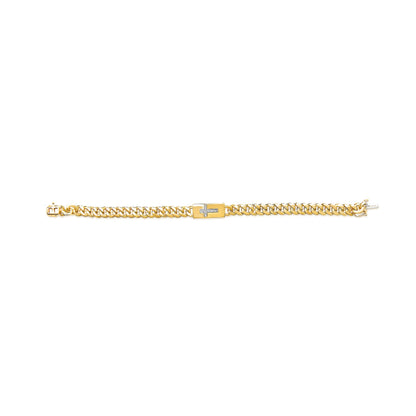 Pulsera de eslabones cubanos con cruz incrustada y acento de diamante en plata de ley .925 bañada en oro amarillo de 14 quilates (color I-J, claridad I3) - 7.25"