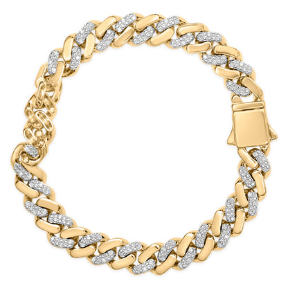 Pulsera de cadena cubana con chapa de oro amarillo de 14 quilates sobre plata de ley .925, 1/2 quilate total de diamantes (color I-J, claridad I3) - 8.5 pulgadas