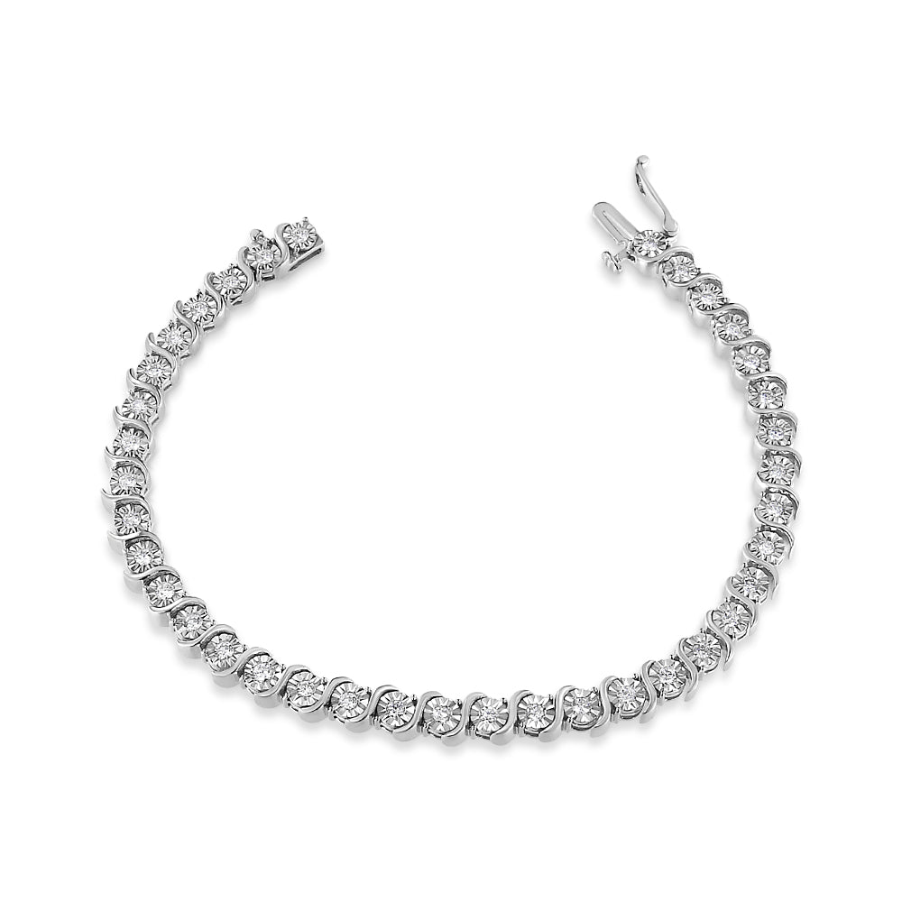 Pulsera de tenis de oro blanco de 14 quilates con diamantes cultivados en laboratorio de 1,00 quilates, placa milagrosa redonda y eslabón en "S" (color F-G, claridad VS2-SI1) 7"