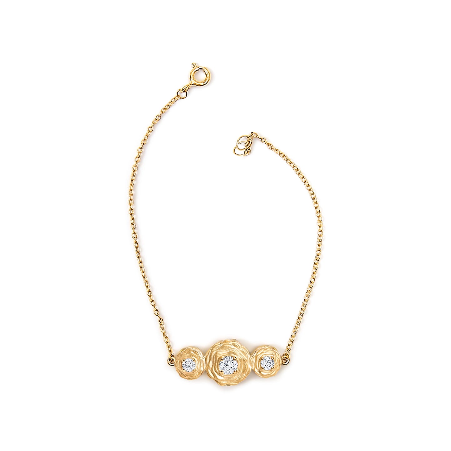 Pulsera de eslabones con diseño de rosas de plata de ley bañada en oro amarillo de 14 quilates con diamantes cultivados en laboratorio de 0,5 quilates.