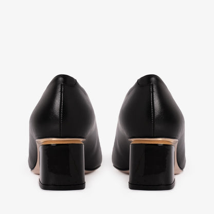 The Diva Black Leather Cap Toe Block Heel Pump Women Shoe