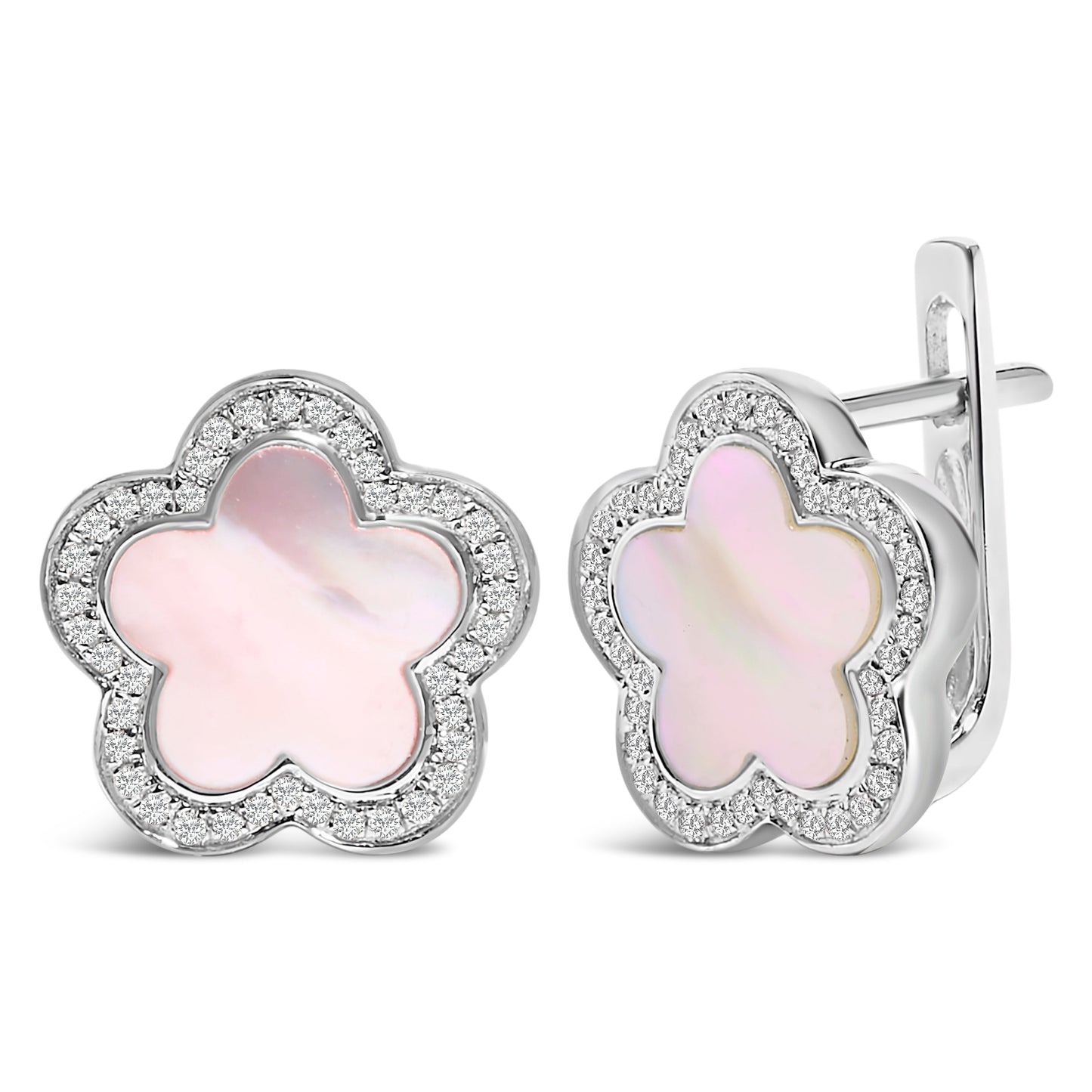 Pendientes de estrella de oro blanco de 14K con nácar y halo de diamantes de 1/5 Cttw