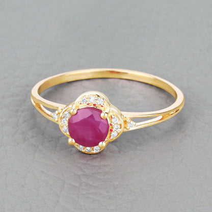 0.59 Carat Genuine Ruby and White Diamond 14K Yellow Gold Ring