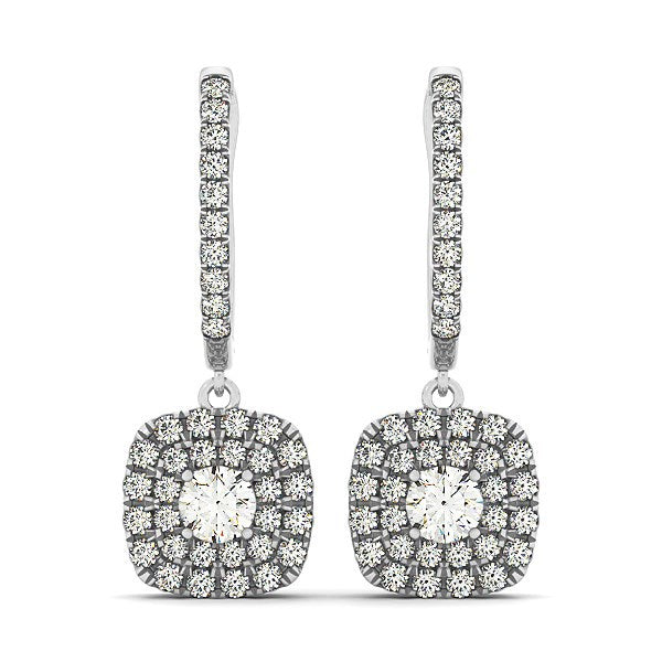 Pendientes de oro blanco de 14 quilates con diamantes de talla cojín de doble halo (3/4 quilates en total)