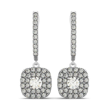Pendientes de oro blanco de 14 quilates con diamantes de talla cojín de doble halo (3/4 quilates en total)