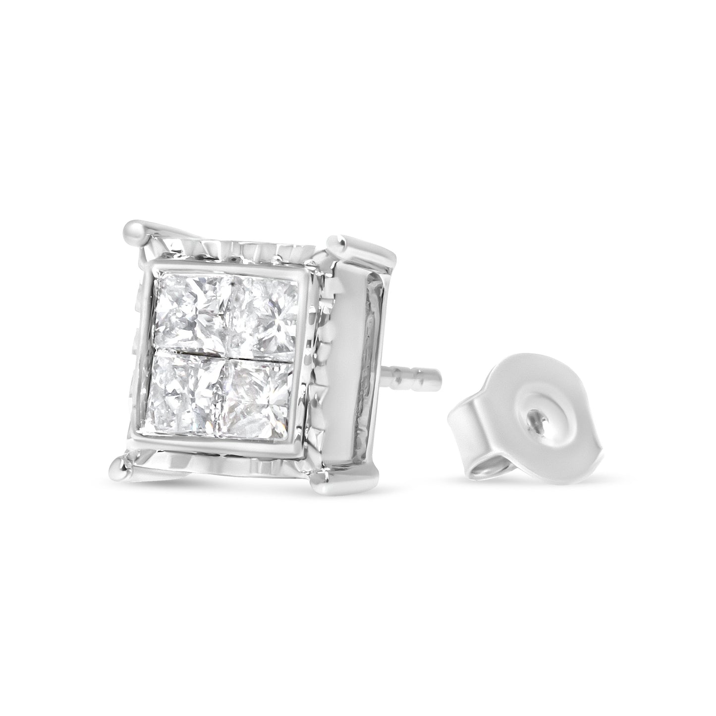 Pendientes de botón contemporáneos de oro blanco de 14 quilates con diamantes talla princesa de 1,5 quilates engastados invisibles con cuatro ondas (color I-J, claridad I1-I2)