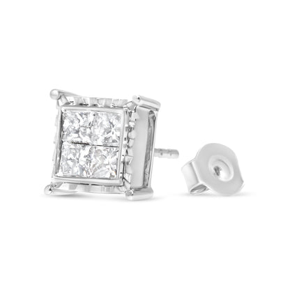 Pendientes de botón contemporáneos de oro blanco de 14 quilates con diamantes talla princesa de 1,5 quilates engastados invisibles con cuatro ondas (color I-J, claridad I1-I2)