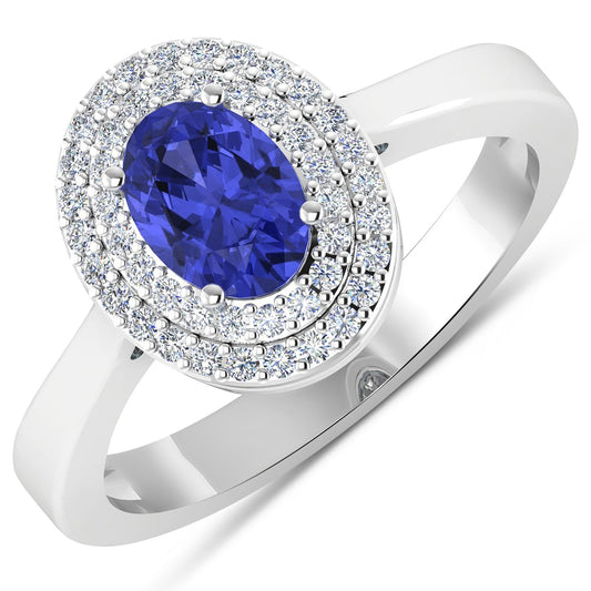 Anillo de tanzanita auténtica de 0,91 quilates y diamante blanco en oro blanco de 14 quilates
