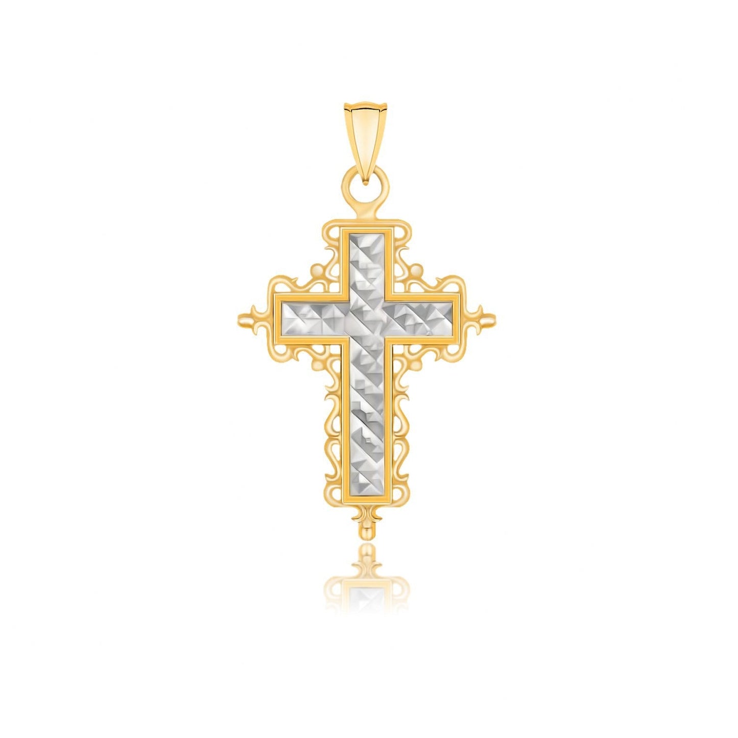 Colgante de cruz de oro de 14k de dos tonos con corte de diamante e inspiración barroca