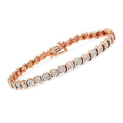 Pulsera de tenis de oro rosa de 14 quilates con baño de plata de ley .925 y diamante de 1/4 qt engastado en placa de ilusión con eslabones en "S" (color I-J, claridad I2-I3) - 7"