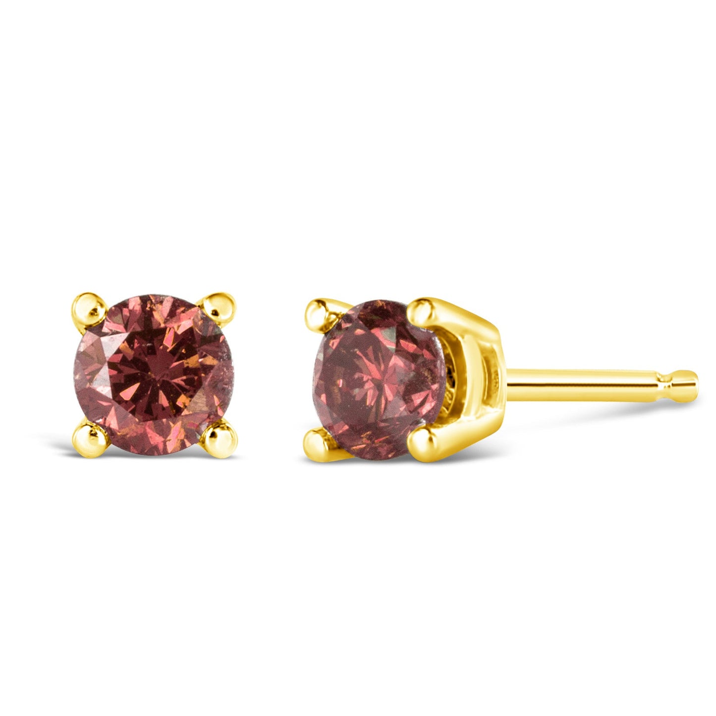 Pendientes solitario clásicos de 4 puntas de oro amarillo de 14 quilates con diamantes rosados cultivados en laboratorio de corte brillante redondo de 1,00 quilates en total (color rosa, claridad VVS2-VS1)