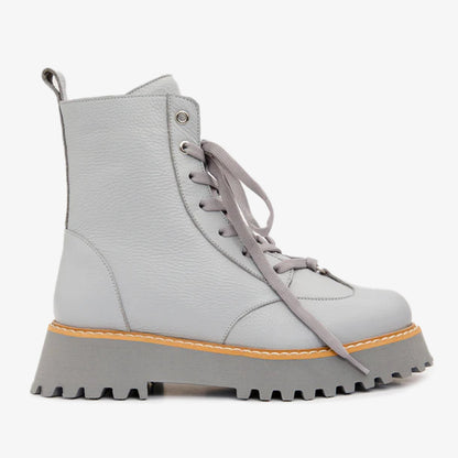 The Yildiz Gray Leather Lace-Up Ankle Women Boot With a Side Zipper